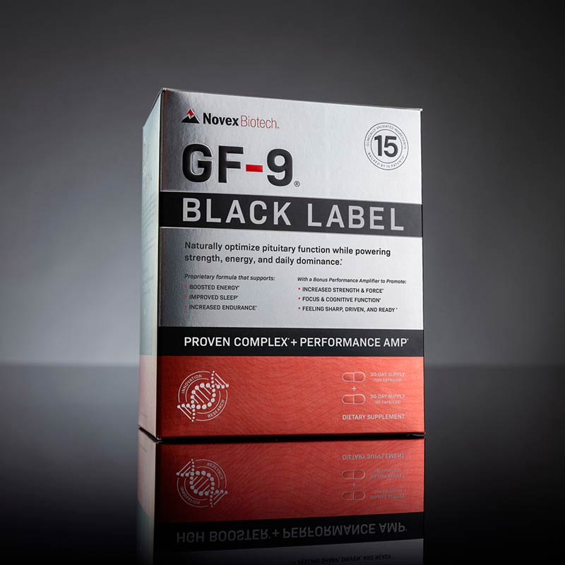 Novex Botan GF-9 Black Label supplement box on a reflective surface with a dark background