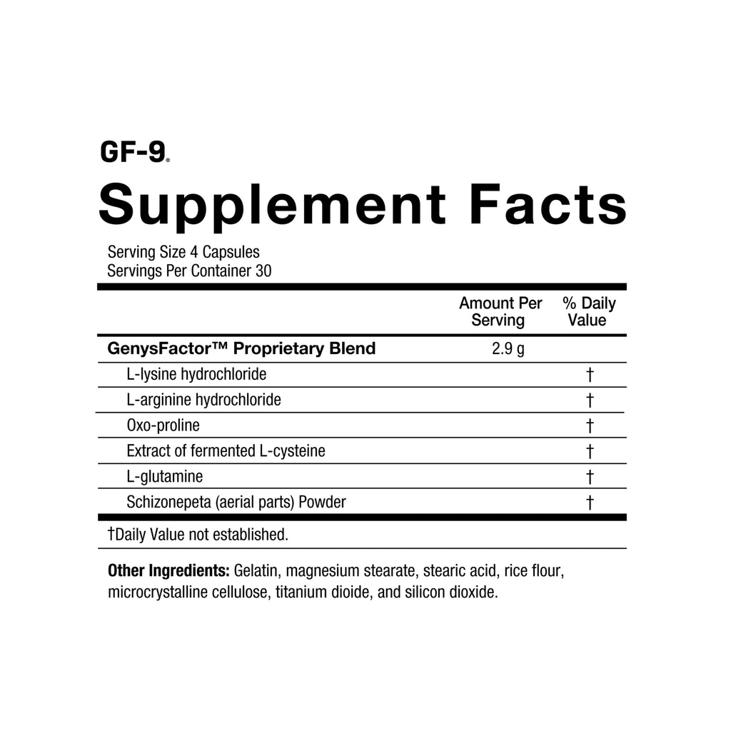 Supplement facts label for GF-9 with a list of ingredients on a white background.