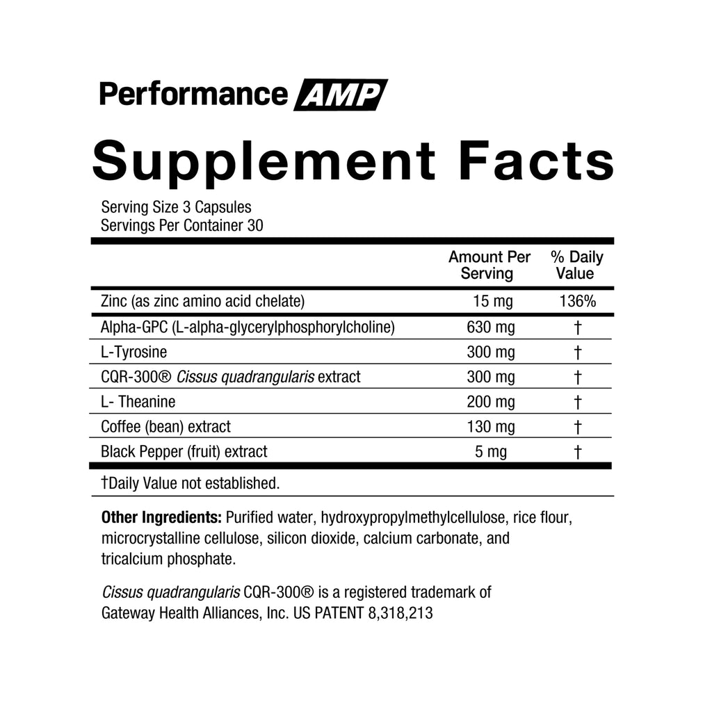 Supplement facts label for Performance AMP on a white background