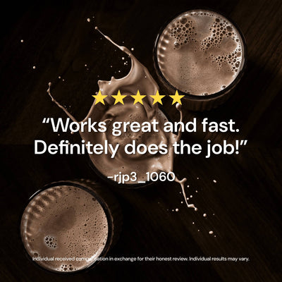 Two cups of coffee with a five-star rating and review text on a dark background