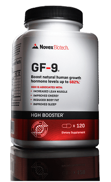 Supplement bottle labeled GF-9 by Novex Biotech on a black background