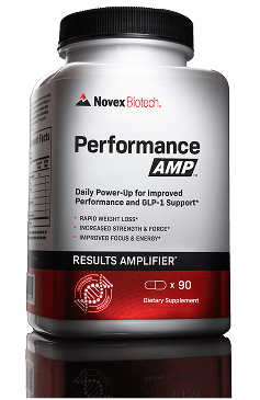 Supplement bottle labeled Performance AMP by Novex Biotech on a white background