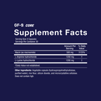 A GF-9 Core Supplement Facts label. It lists Niacin (500mg, 3125% DV), L-Arginine hydrochloride (1200mg), and L-Lysine hydrochloride (1200mg). Other ingredients are also listed.