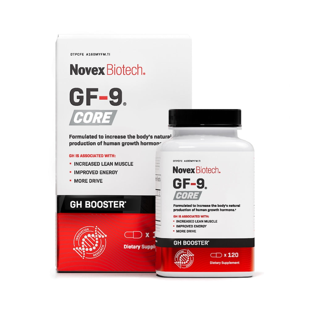 A box and bottle of Novex Biotech GF-9 Core dietary supplement. The product is a "GH Booster" formulated to increase natural human growth hormone.