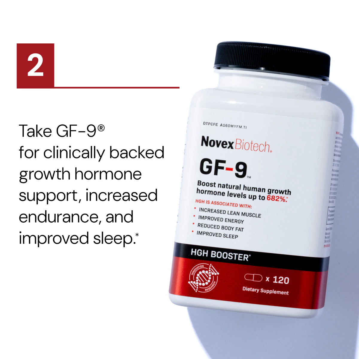 Novex Biotech GF-9 supplement bottle on a white background with text about growth hormone support.