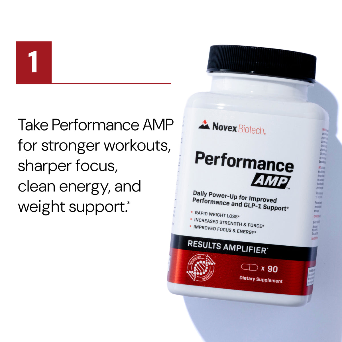 Supplement bottle labeled 'Performance AMP' by Novex Biotech on a white background