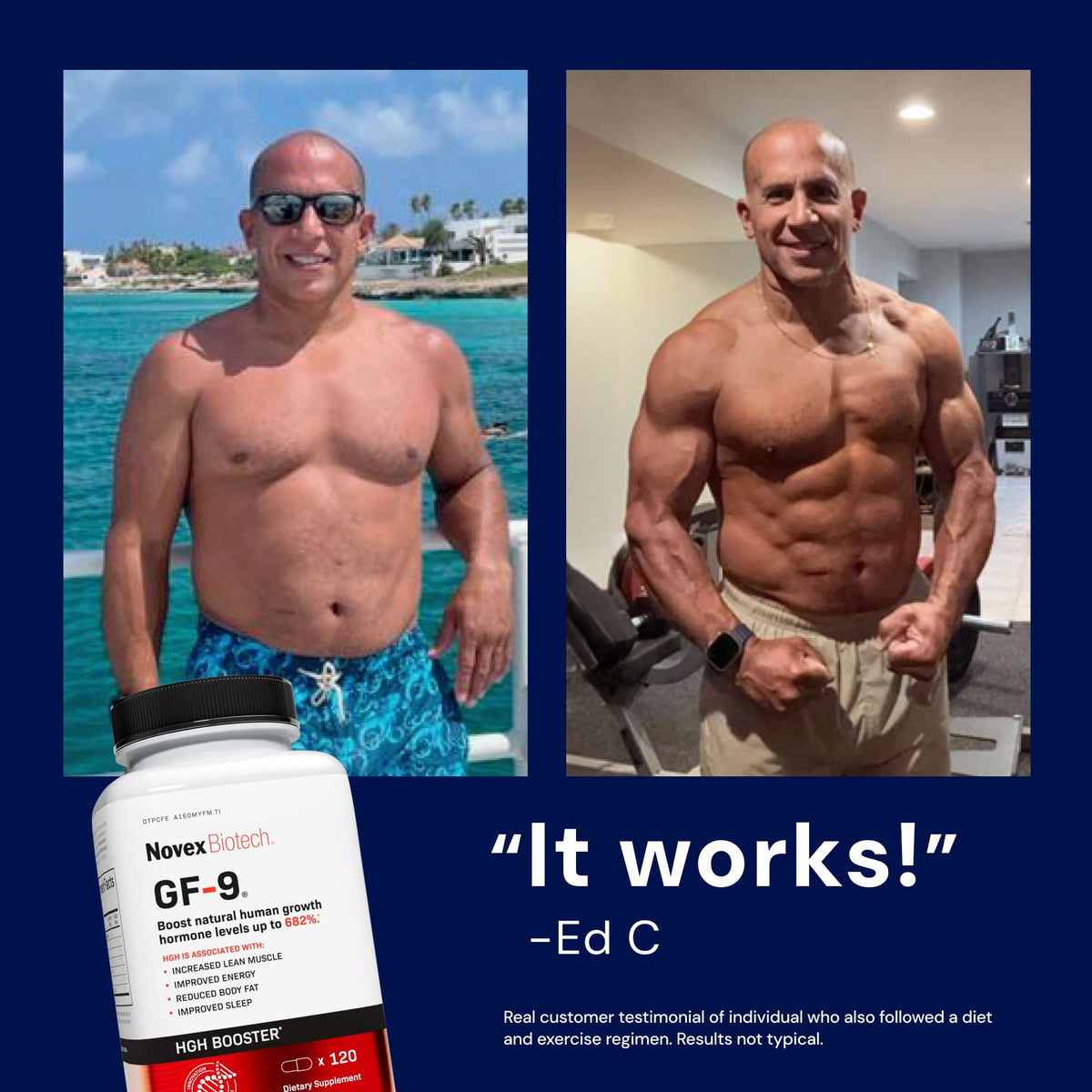 Before and after transformation of a man with a supplement bottle labeled 'Novex Biotek GF-9' on a blue background.