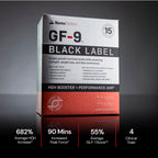 Novex Biotech GF-9 Black Label HGH Booster + Performance Amp packaging on a reflective surface with a dark background.