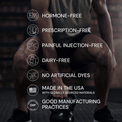Person squatting with fitness product, highlighting health and safety benefits on a dark background