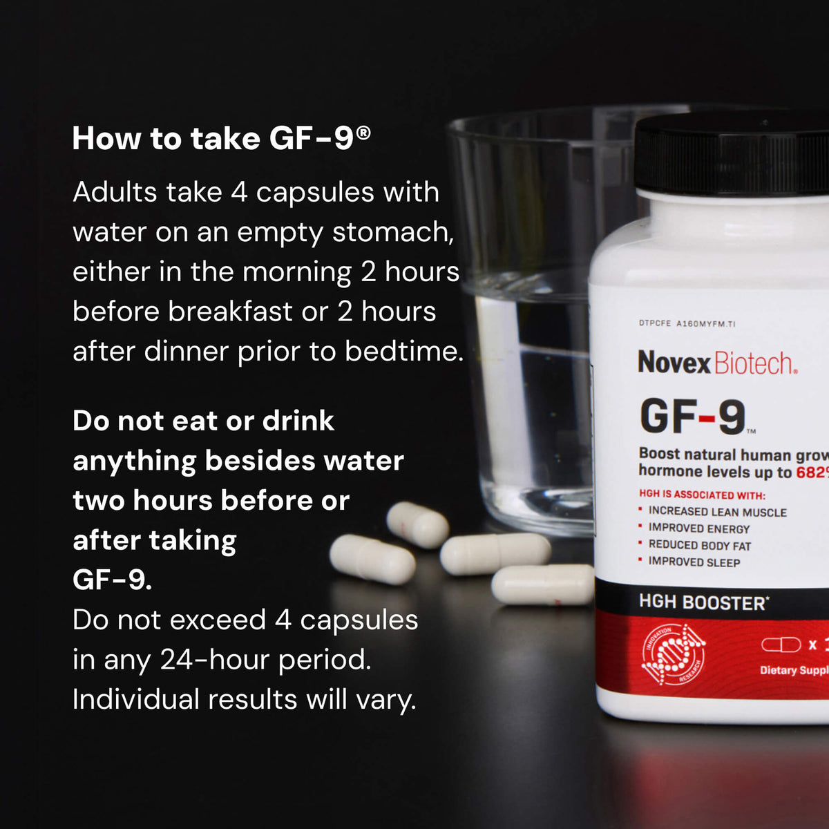 Novex Biotech GF-9 supplement bottle with capsules and water on a dark background