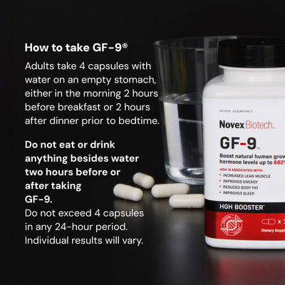 Novex Biotech GF-9 supplement bottle with capsules and water on a dark background