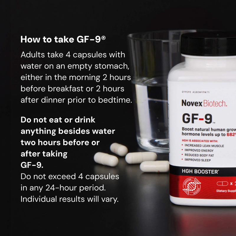 Novex Biotech GF-9 supplement bottle with capsules and water on a dark background