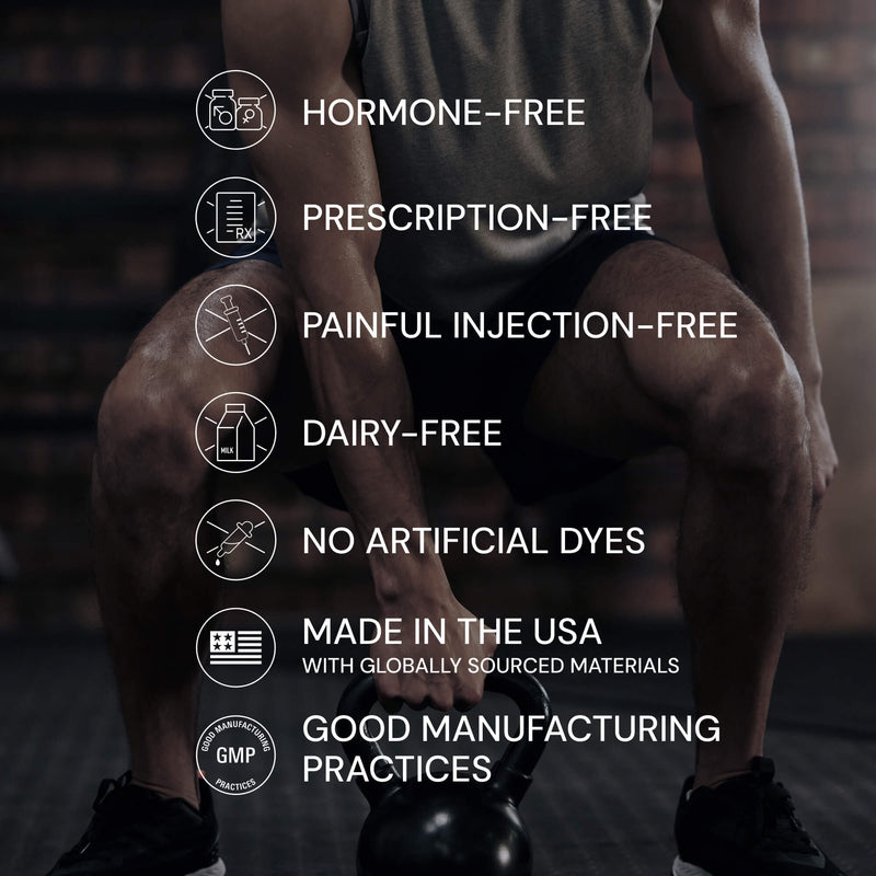 Person squatting with fitness product, highlighting health and safety benefits on a dark background