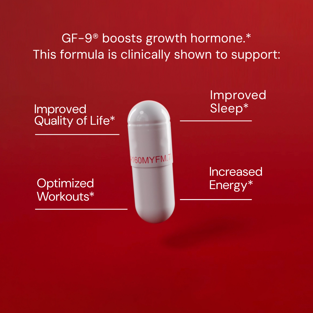 White capsule with "GF-9" branding on a red background with text about product benefits.