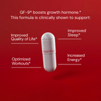 White capsule with "GF-9" branding on a red background with text about product benefits.