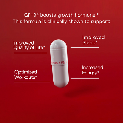 White capsule with "GF-9" branding on a red background with text about product benefits.
