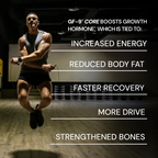 A fit man jumps rope in a gym. Text overlay lists benefits of GF-9 Core: Increased Energy, Reduced Body Fat, Faster Recovery, More Drive, and Strengthened Bones.