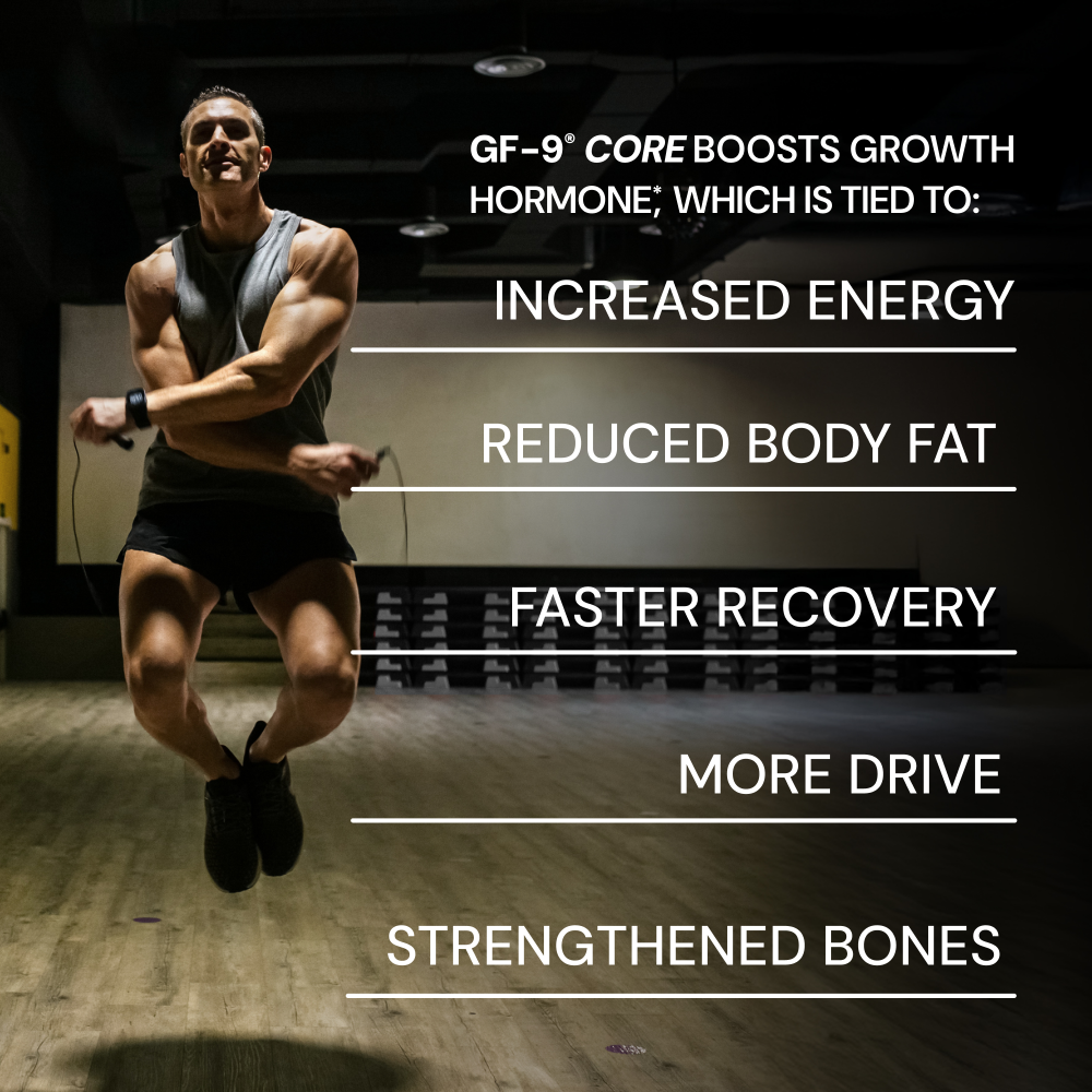 A fit man jumps rope in a gym. Text overlay lists benefits of GF-9 Core: Increased Energy, Reduced Body Fat, Faster Recovery, More Drive, and Strengthened Bones.