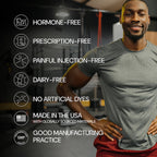 A smiling man with a muscular build stands beside a list of product features: Hormone-Free, Prescription-Free, Painful Injection-Free, Dairy-Free, No Artificial Dyes, Made in the USA, and Good Manufacturing Practice.