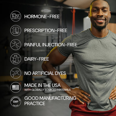 A smiling man with a muscular build stands beside a list of product features: Hormone-Free, Prescription-Free, Painful Injection-Free, Dairy-Free, No Artificial Dyes, Made in the USA, and Good Manufacturing Practice.
