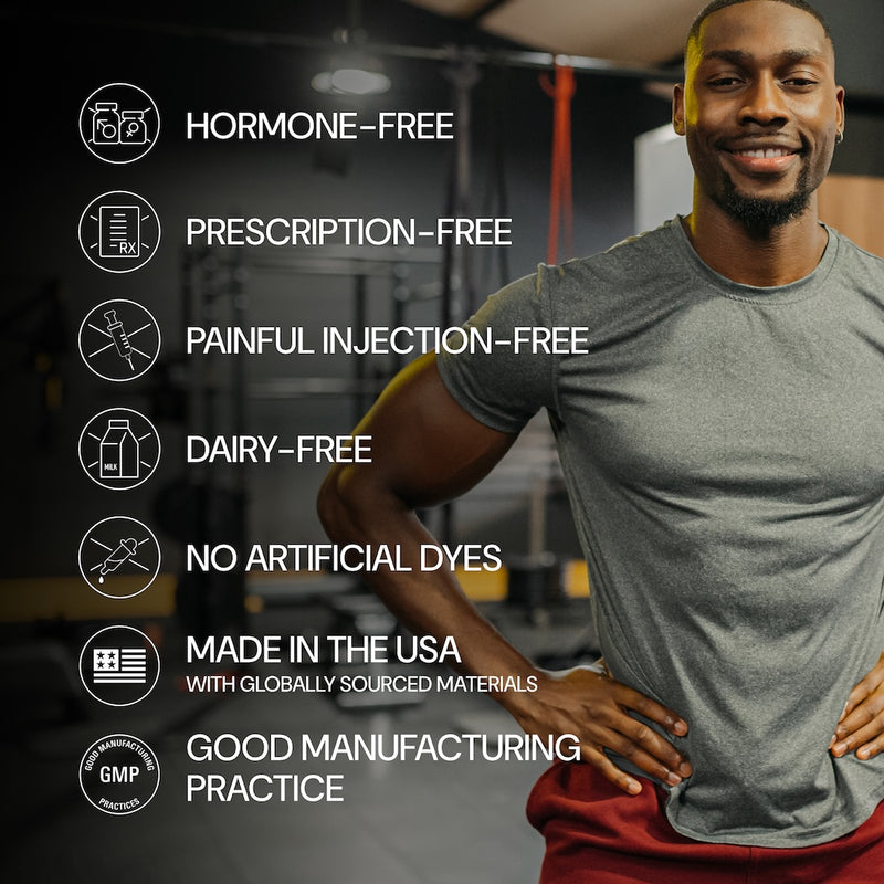 A smiling man with a muscular build stands beside a list of product features: Hormone-Free, Prescription-Free, Painful Injection-Free, Dairy-Free, No Artificial Dyes, Made in the USA, and Good Manufacturing Practice.