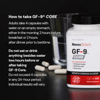 A bottle of Novex Biotech GF-9 Core is next to a glass of water and four capsules. Text outlines "How to take GF-9 Core," dosage, and warnings.