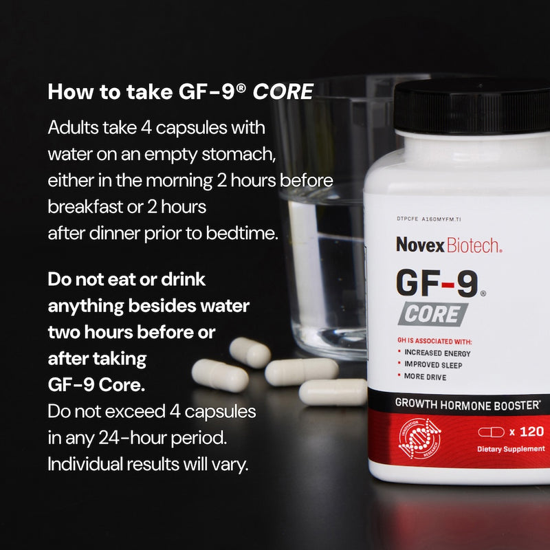 A bottle of Novex Biotech GF-9 Core is next to a glass of water and four capsules. Text outlines "How to take GF-9 Core," dosage, and warnings.