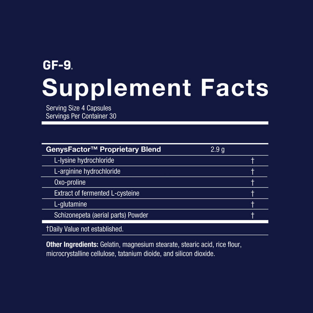 Supplement facts label for GF-9 on a dark blue background