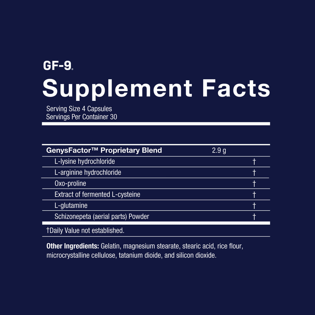 Supplement facts label for GF-9 on a dark blue background