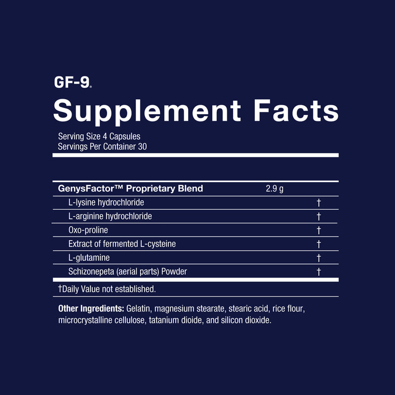 Supplement facts label for GF-9 on a dark blue background