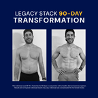 Before and after transformation of a man with text about "Legacy Stack 90-Day Transformation" on a blue background.