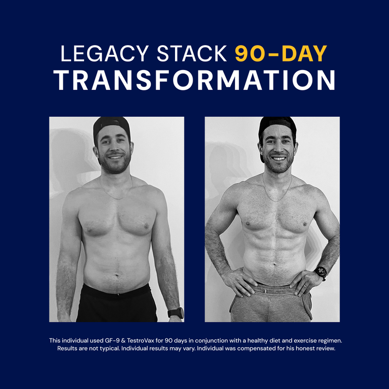 Before and after transformation of a man with text about "Legacy Stack 90-Day Transformation" on a blue background.