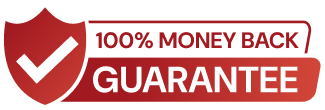 100% money back guarantee logo with a red shield and checkmark.
