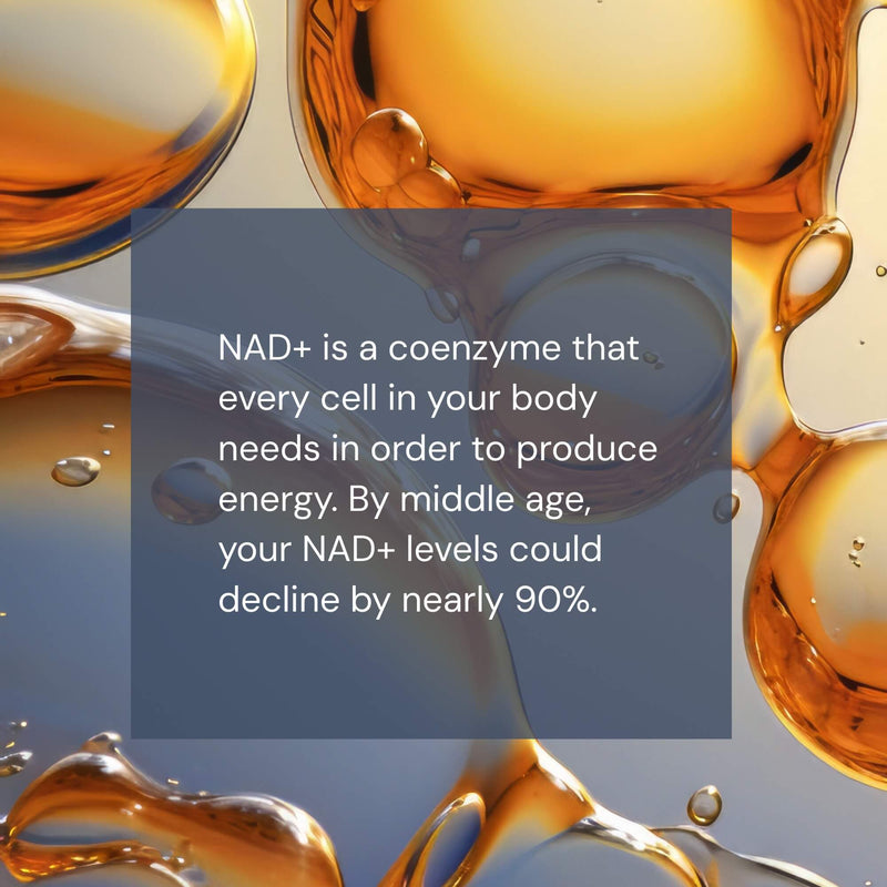 NAD+ related text overlay on a background of liquid droplets.