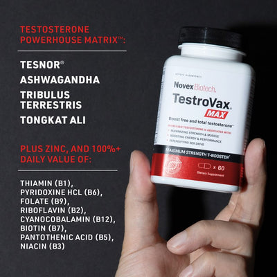 Man's hand holding a bottle of TestroVax Max
