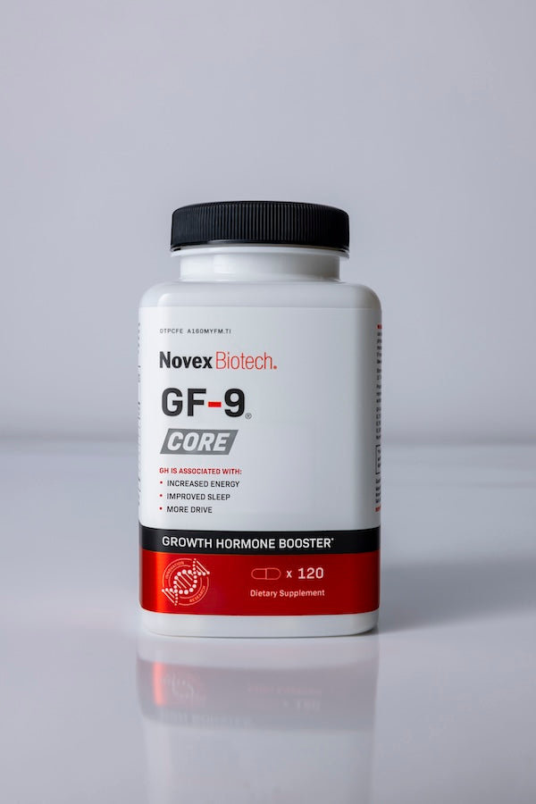 A white bottle of Novex Biotech GF-9 CORE Growth Hormone Booster with a black cap, containing 120 capsules.