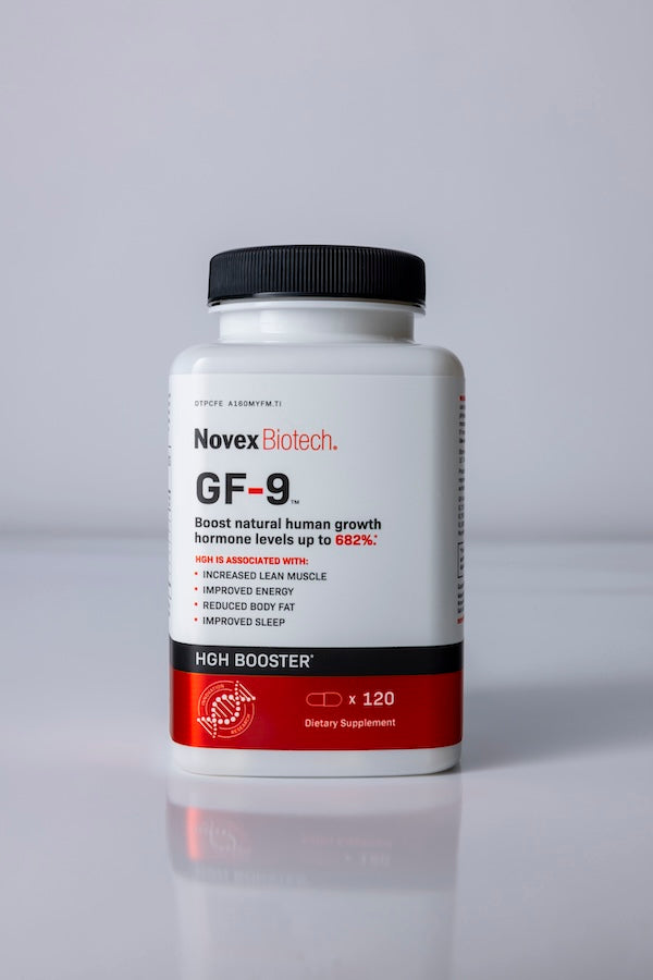 A white bottle of Novex Biotech GF-9 HGH Booster with a black cap, containing 120 capsules.
