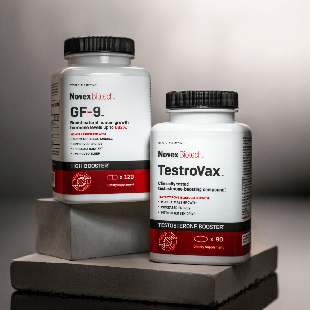 Two dietary supplement bottles labeled 'GF-9' and 'TestroVax' by Novex Biotech on a reflective surface with a neutral background.