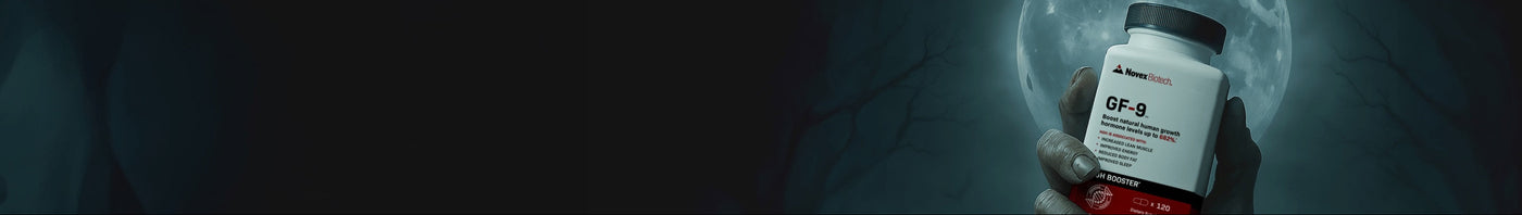 Hand holding a Novex Biotech GF-9 supplement bottle with a moon and bats in the background