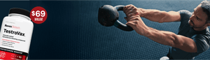 Man lifting a kettlebell with a TestroVax supplement container on a blue background