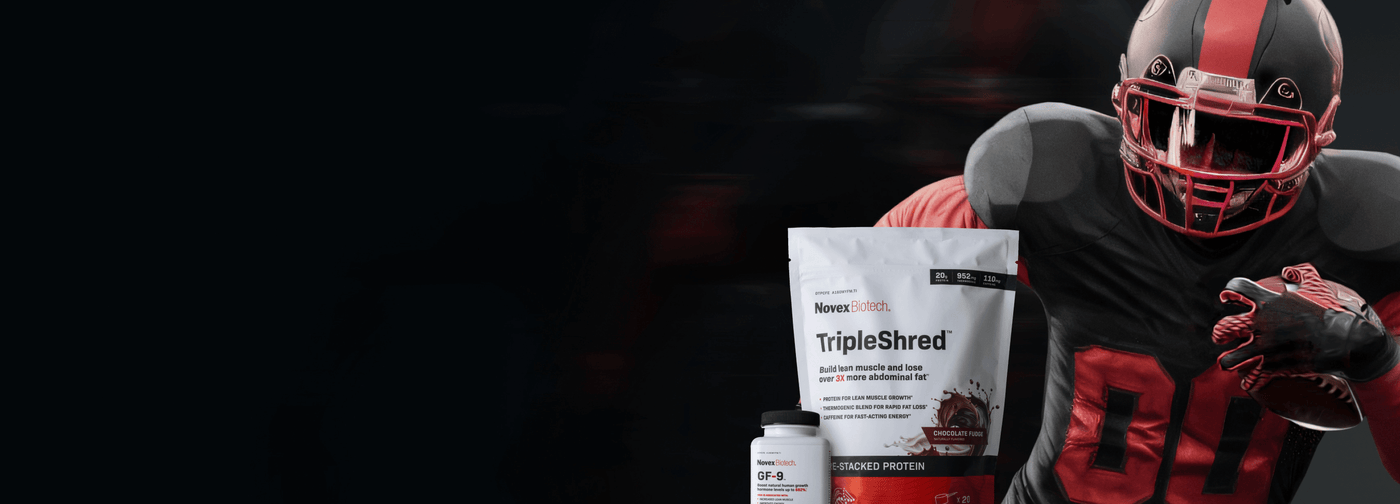 A football player in a black and red uniform holds a football, standing next to a white bag of Novex Biotech Triple Shred protein powder and a small white bottle labeled GF-9 against a dark background.