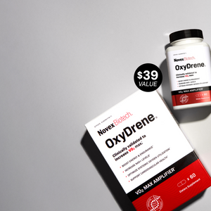A box and bottle of Novex Biotech Oxydrene, a VO2 max amplifier supplement.