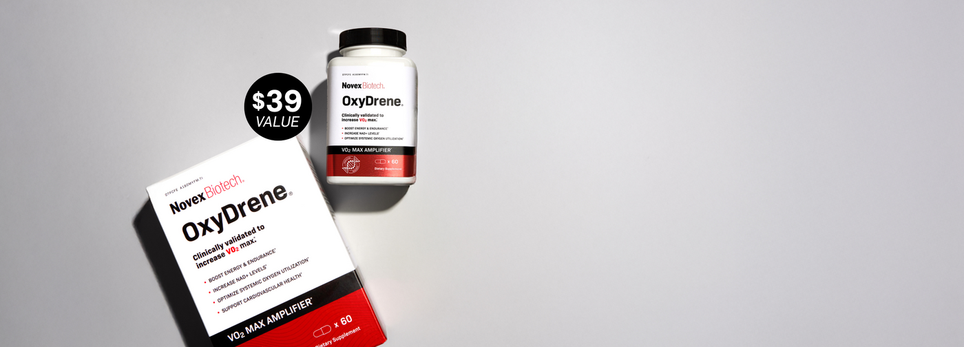 A box and bottle of Novex Biotech Oxydrene, a VO2 max amplifier supplement.