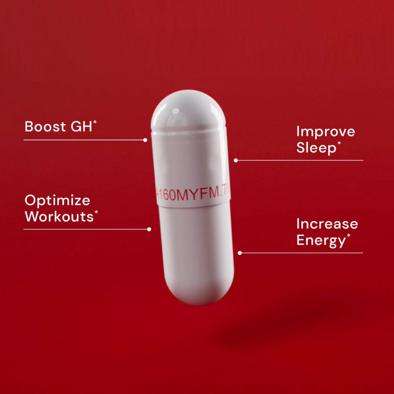 Large white GF-9 capsule with formula benefits including: Boost GH*, Improve Sleep*, Optimize Workouts*, and Increase Energy*