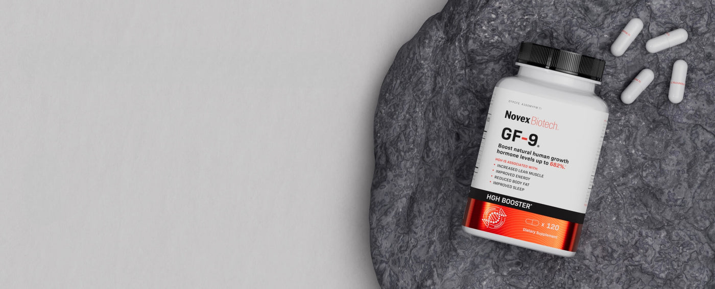 Supplement bottle labeled 'GF-9' on a gray stone surface with scattered capsules.