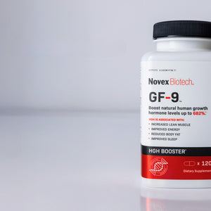 Novex Biotech GF-9 HGH Booster supplement bottle on a gray background