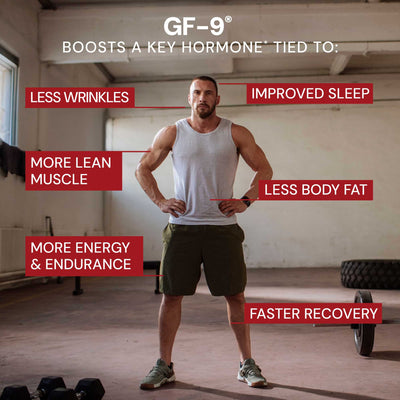 Man in a gym with text highlighting benefits of GF-9 supplement