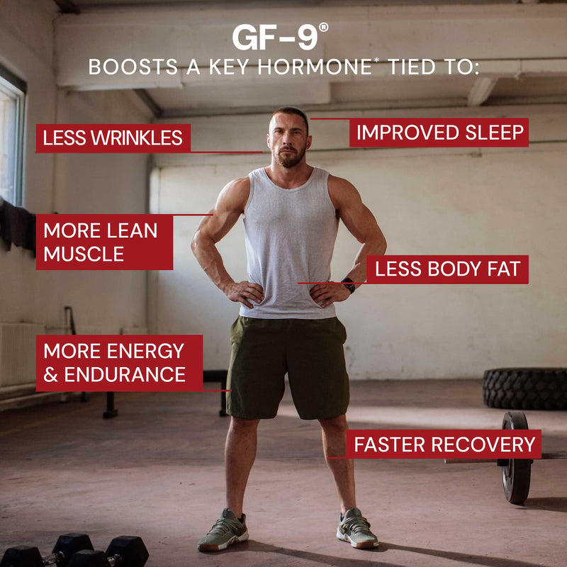 Man in a gym with text highlighting benefits of GF-9 supplement