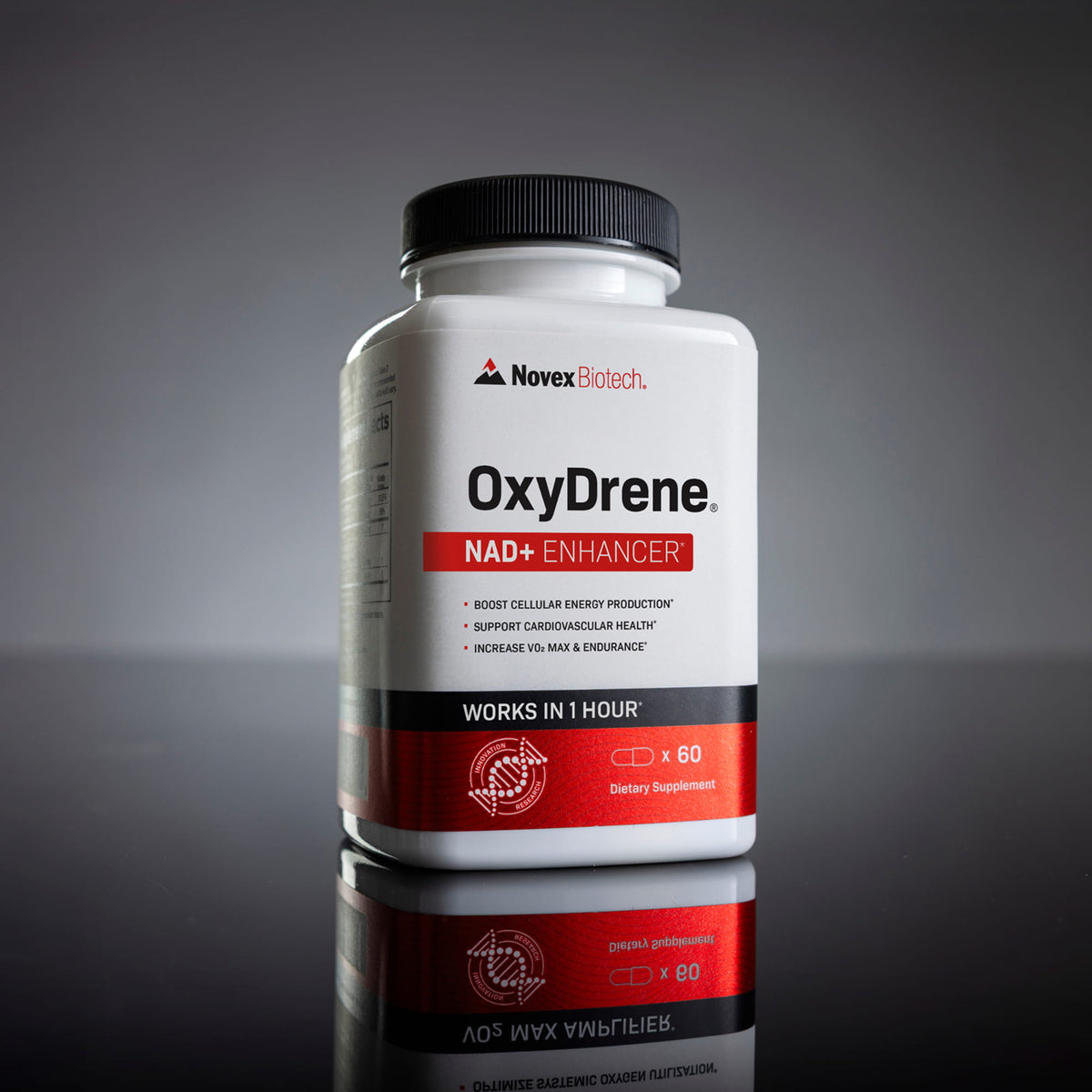 A bottle of Novex Biotech OxyDrene, a dietary supplement labeled as a VO2 MAX Amplifier. The bottle contains 60 capsules and is clinically validated to increase VO2 max, boost energy and endurance, increase NAD+ levels, and optimize systemic oxygen utilization. 