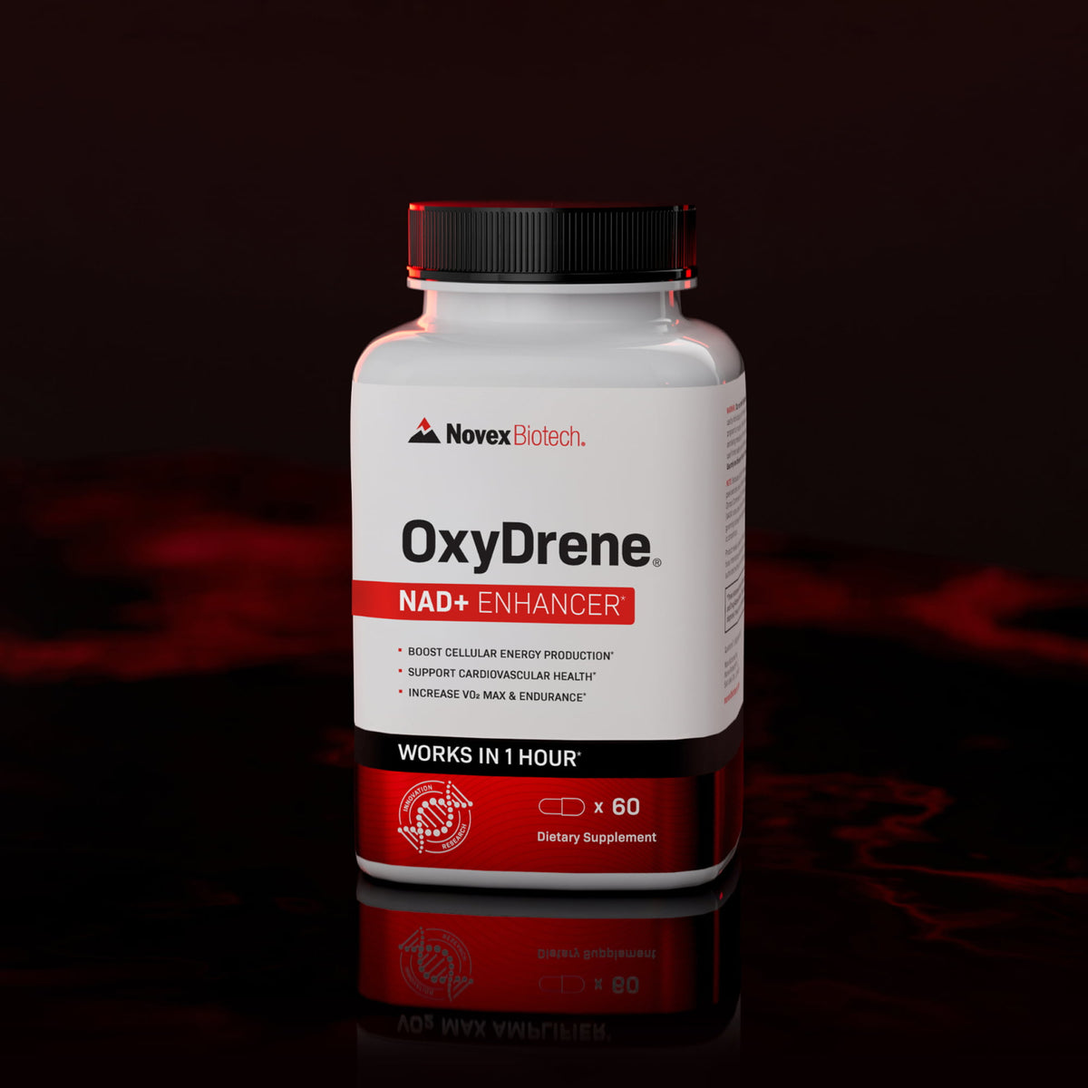 A bottle of Novex Biotech OxyDrene, a dietary supplement labeled as a VO2 MAX Amplifier. The bottle contains 60 capsules and is clinically validated to increase VO2 max, boost energy and endurance, increase NAD+ levels, and optimize systemic oxygen utilization. 